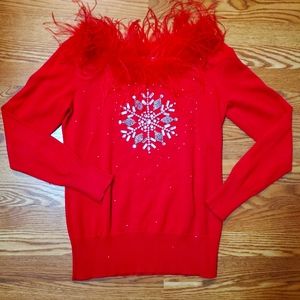 BOSTON PROPER OFF SHOULDER FEATHER SWEATER red med